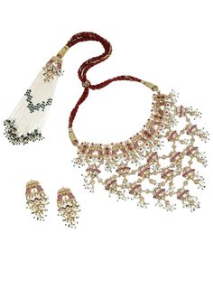 Doli and damru jaal necklace with doli earrings. Traditional Necklaces With Gota Work For Festive Occasions, Traditional Festive Necklace With Gota Work, Festive Traditional Necklace With Gota Work, Traditional Necklace With Gota Work For Festivals, Traditional Dori Work Jewelry For Navratri, Traditional Temple Necklace With Gota Work For Celebration, Festive Gota Work Temple Necklace, Traditional Kundan Necklace With Dori Work, White Jewelry With Dori Work For Diwali