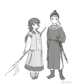 an image of two people standing next to each other with swords in their hands and one holding