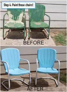 before and after photos of an old metal lawn chair that has been painted blue with green paint