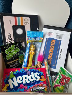 a box filled with candy and other items