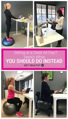 a woman is sitting at a desk and working on her laptop while another woman sits in an exercise ball