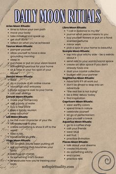 Discover daily moon rituals tailored to each zodiac sign! 🌙✨ Enhance your spiritual practice with personalized rituals that align with your astrological sign. From Aries to Pisces, find unique ways to connect with lunar energy every day. Whether you seek self-care, manifestation, or emotional balance, these rituals will help you harness the power of the moon and the stars. Perfect for witchy planners and astrology enthusiasts. #MoonMagic #ZodiacRituals #DailyMoonRituals #AstrologyMagic #WitchyTips #LunarEnergy #SpiritualPractice #AstroWitch #ZodiacMagic #MoonPhases #AstrologyLovers #WitchLife Moon Rituals Witchcraft, Beaver Moon Ritual, Last Quarter Moon Ritual, Spoonie Witch, Moon Witchcraft, Rituals Witchcraft, Astrology Magic, Full Moon Rituals, New Moon Ritual