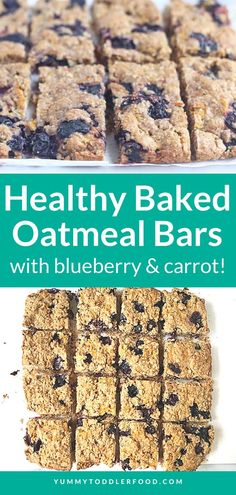 healthy baked oatmeal bars with blueberry and carrots on the side