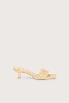 A square-toed open sandal in natural knit straw with a curved kitten heel. — Natural knit straw — Comma-heel — Rubber sole — Square toe Iconic Shoes, Cult Gaia, Kitten Heel, Kitten Heels, Investment, Rubber Sole, Straw, Kittens, Shower