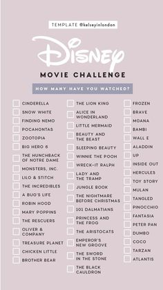 the disney movie challenge is shown in this printable checklist for kids to play with