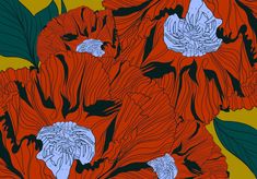 an image of red flowers with green leaves on yellow and orange background in the style of pop art