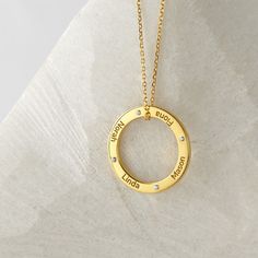 "This personalized karma necklace is the symbol of the infinity circle of love between mother and her children, grandma and her grandchildren. Select 1-5 names per pendant. ► PERSONALIZED KARMA NECKLACE * Material: High Quality Solid 925 Sterling Silver * Finishing: Silver, Gold or Rose Gold. * All of our jewelry are handmade from scratch and packaged with care in our workshop ► HOW TO ORDER & ADD PERSONALIZATION - Add item to cart and check out. During check-out, include in the \"NOTES\" se Spiritual Round Birthstone Necklace For Anniversary, Round Spiritual Birthstone Necklace For Anniversary, Round Name Necklace As Gift For Mom, Circle Birthstone Necklace For Gifts, Mother's Day Round Birthstone Necklace, Mom Jewelry Gift, Necklace With Kids Names, Karma Necklace, Necklace Mom