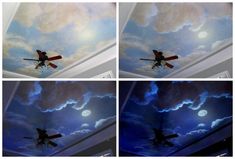 four different views of the sky with clouds and an airplane flying in front of them