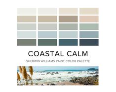 Introducing Coastal Calm color palette! This Sherwin Williams calm coastal paint palette featuring sixteen tranquil hues, including whites, warm neutrals, cool greens, and versatile blues, is perfect for creating a serene and inviting atmosphere in your farmhouse, beach house, lake house or those embracing resort-style living. Designed for a whole house scheme, these carefully selected colors will bring a touch of coastal charm and elegance to every room.  And as a delightful bonus, 'Coastal Cal Coastal Paint Palette, Beach House Paint Colors, Beach House Color Palette, Farmhouse Beach House, Color Palette Sherwin Williams, Interior Paint Palettes, Calm Coastal, Coastal Paint, Beach House Colors