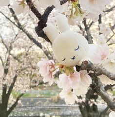 a white stuffed animal sitting on top of a tree filled with pink blossoming flowers