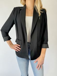 Throw on the Payton Blazer over your OOTD for a touch of tailored style. The no-button cuffs and open front give this jacket clean, unbroken lines. Open front blazer No closure Front flap pockets Notched lapel Lined Length: 27" 100% polyester Hand wash Braden is 5’8 & wearing size X-Small Tailored Style, Open Front Blazer, No Closure, Denim Romper, End Of Summer, Top Dress, Flap Pocket, Front Open, Sweater Top