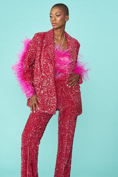 Stand out from the crowd with our double-breasted sparkling pink sequin blazer featuring feather trim arms and silk lining. We just love how this instantly adds sparkle to your outfit, whether it's with a tee and jeans for a day-to-night look, or teamed with its sequin trousers co-ord.    77% Polyester  23% Elastane  Lining: 100% Viscose Pink Sequin Blazer, Cashmere Dress, Sequin Trousers, Feather Trim, Dress Down Day, Suede Coat, Yellow Coat, Lounge Dress, Sequin Blazer