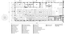 the floor plan for a restaurant with seating areas and an open kitchen area, as well as