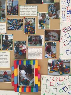 a bulletin board with pictures and instructions for building blocks in the shape of a snowman