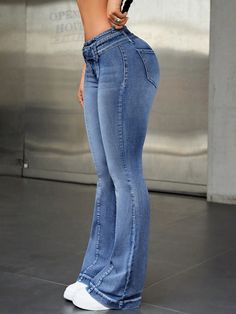 Medium Wash  Collar  Denim Plain Flare Leg Embellished High Stretch  Women Clothing Cheap High Rise Denim Blue Flare Jeans, Cheap Summer Full-length Flare Jeans, Cheap High Waist Washed Blue Flare Jeans, Cheap Full-length Denim Blue Flares, Cheap Stretch Full-length Flare Jeans, Shein Jeans, Diy Jeans, Shein Icon, Latina Fashion Outfits