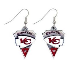 kansas city chiefs logo earrings with red and white triangle shaped dangles on silver earwires