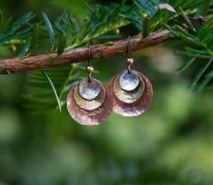 Mixed Metal Earrings Copper Brass and Silver Earrings - Etsy Metal Ideas, Patina Earrings, 7th Anniversary Gifts, Metalwork Jewelry, Bronze Earrings, Hammered Earrings