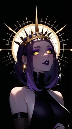 a woman with purple hair wearing a crown on top of her head and yellow eyes