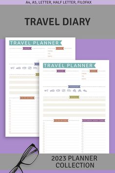 two travel planner pages with glasses on the side and text that reads, travel planner