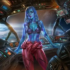 a beautiful woman in a space station with her hands on her hips