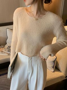 Shipping: Worldwide Express Shipping AvailableDelivery time: 7-15Days Fast ShippingReturns: Fast refund, 100% Money Back Guarantee. Hollow Out Sweater, Cream Sweater, Round Neck Tops, Early Spring, Long Sleeve Knit, Round Collar, Knitted Pullover, High Waisted Shorts, Long Sleeve Sweater