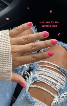 Short Nail Solid Color Ideas, Hot Pink Gel Manicure, Short Nail Inspo Solid Color, Hot Pink Gel Nails Short, August Colors Nails, Hot Pink Dip Nails, Hot Pink Nails Summer, Nails For Tan Skin, Cute August Nails