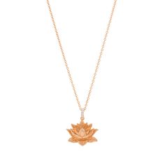 A highlight of our signature Lotus jewelry collection, this necklace features a hand carved lotus flower with realistic detailing, symbolizing rebirth, and purity of body, mind, and speech. Lotus charm measures 20 mm across and hangs 10 mm down from a delicate CZ pave bail. Hung on a rose gold filled cable chain, 16 inches + 3 inch extender. "May you live like the lotus, at ease in the muddy water" ~ Unknown. ches. Buddhist Scriptures, Buddhist Jewellery, Lotus Flower Necklace, Lotus Jewelry, Lotus Necklace, Gold Lotus, Necklace Rose Gold, The Lotus, Necklace Rose