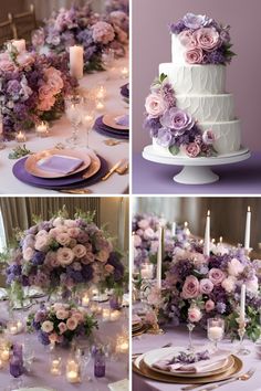 wedding cake, candles and flowers on the table in different stages of being decorated with purple