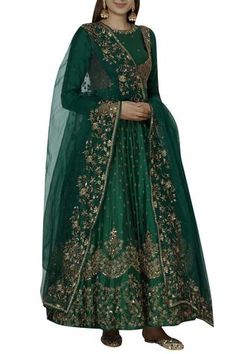 Green raw silk anarkali with zari embroiderd motifs and black sequin koti. Paired with embroidered organza dupatta.
Components:3
Embroidery
Neckline:Round
Sleeve Length:Full
Fabric:Anarkali: Raw silk;
Dupatta: Organza
Color:Green
Dupatta with embroidered border
Keyhole back with potli button
Closure:
Koti: Side zip
Anarkali: Side zip - Aza Fashions Long Blouse Saree, Indian Maternity Wear, Astha Narang, Anarkali Kurta Set, Indian Maternity, Green Anarkali, Singapore Fashion, Pakistan Dress, Silk Anarkali