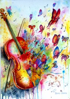 a painting of a violin with butterflies on it's back and watercolor paint splat