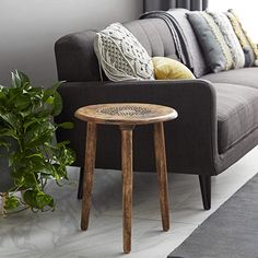 a living room with a couch, table and potted plant on the floor in front of it