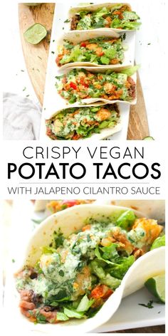 crispy vegan potato tacos with jalapeno cilantro sauce