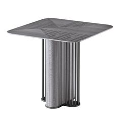 a metal table with a square top and two columns on the bottom, in front of a white background