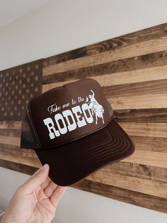 Brown high crown foam snap back trucker hat detailed with white rodeo graphic Not My First Rodeo, My First Rodeo, Gangster Girl, Custom Trucker Hats, First Rodeo, Cap Cut, Concert Outfits, Girl Fits, Snap Back