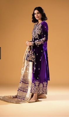 Dark Purple Velvet Kameez and Palazo With Tissue Border - Etsy India Anarkali Style Purple Palazzo Set With Sheer Dupatta, Anarkali Palazzo Set With Sheer Dupatta In Purple, Traditional Purple Palazzo Set With Sheer Dupatta, Purple Palazzo Set With Sheer Dupatta For Diwali, Purple Palazzo Set With Pallu For Wedding, Purple Wedding Palazzo Set With Pallu, Elegant Purple Traditional Wear With Dabka, Elegant Purple Dupatta With Dabka Detailing, Elegant Purple Palazzo Set For Festivals