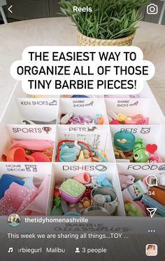 there are many small bins on the table with toys in them and text that reads, the easier way to organize all of those tiny barbie babies