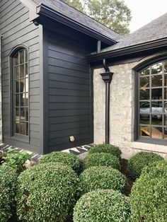 a black house with some bushes in front of it