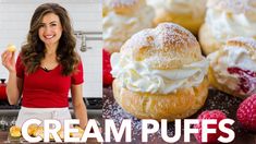 a woman standing in front of some desserts