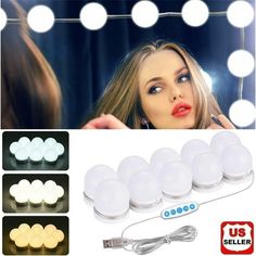 the light up makeup mirror is shown with eight different lights on it and four different colors