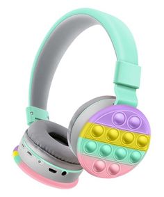 the headphones are designed to look like legos and have colorful buttons on them