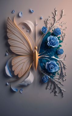 a butterfly with blue roses on it's wings is shown in the shape of a flower