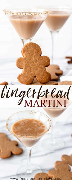 gingerbread martini is served in coupe glasses and garnished with gingerbread cookies