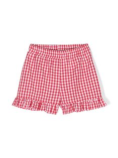 red/white cotton blend gingham check pattern logo patch to the front ruffled trim elasticated waistband straight leg unlined Gingham Shorts With Elastic Waistband, Red Gingham Shorts, Gingham Summer Bottoms With Built-in Shorts, Red Cotton Playwear Shorts, Red Gingham Coquette, Burberry Kids, Dress With Jean Jacket, Baby Boy Accessories, Dolce And Gabbana Kids