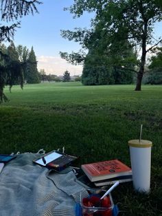 an open book and cup sitting on top of a blanket in the grass next to trees