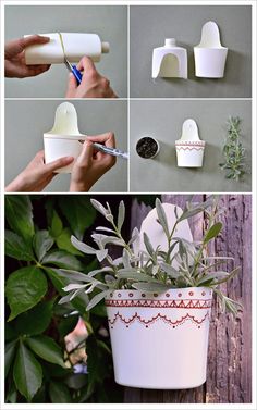 four pictures showing how to make a planter with plastic cups and spoons, including one being used as a toothbrush holder