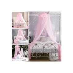 a pink canopy bed with white polka dots on the walls and bottom, along with pictures of it