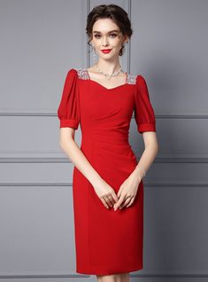 Red Short Sleeve Beads Mother Of The Bride Dress Elegant Fitted Evening Dress With Heart-shaped Neckline, Formal Mother Of The Bride Dress With Sweetheart Neckline, Red Square Neck Dress For Wedding, Elegant Red Dress For Banquet, Red Square Neck Wedding Dress, Fitted Solid Color Evening Dress With Sweetheart Neckline, Fitted Solid Evening Dress With Sweetheart Neckline, Elegant Evening Dress With Heart-shaped Neckline, Formal Dresses With Ruched Bodice And Square Neck