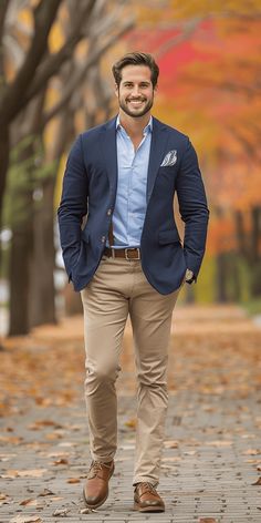 This fall wedding guest outfit formal look includes a navy blue blazer and a paisley pocket square f Formal Casual Mens Fashion, Blue Blazer Outfit Men Formal, Navy Suit Styling, Men's Formal Outfit, Mens Outfit Semi Formal, How To Wear A Blue Blazer, Mens Outfits Wedding Guest, Navy Formal Outfit, Navy And Khaki Wedding