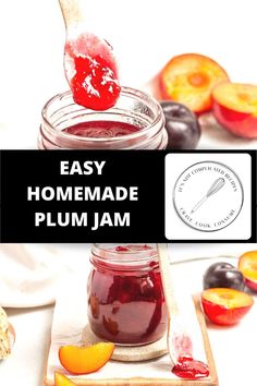 homemade plum jam in a jar with spoon