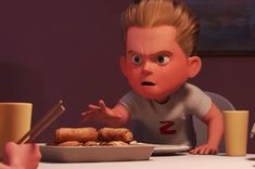 a cartoon character sitting at a table with food in front of him